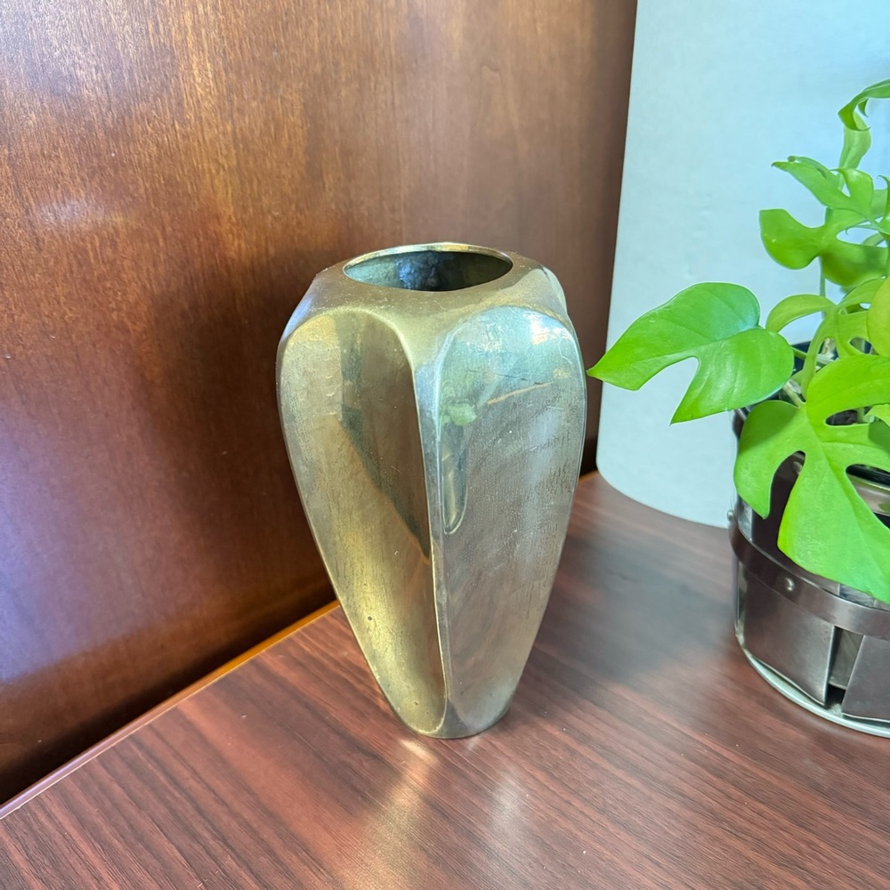 Vintage Solid Brass Hexagonal Faceted Decorative Flower Vase 7.25” Made In India